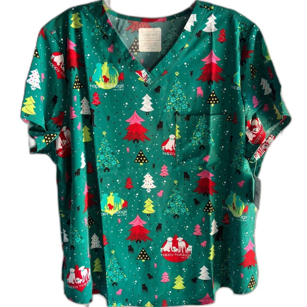 Cherokee Medical Uniforms Woman's Plus 2XL Happy Holidogs Dog Nurse Scrub